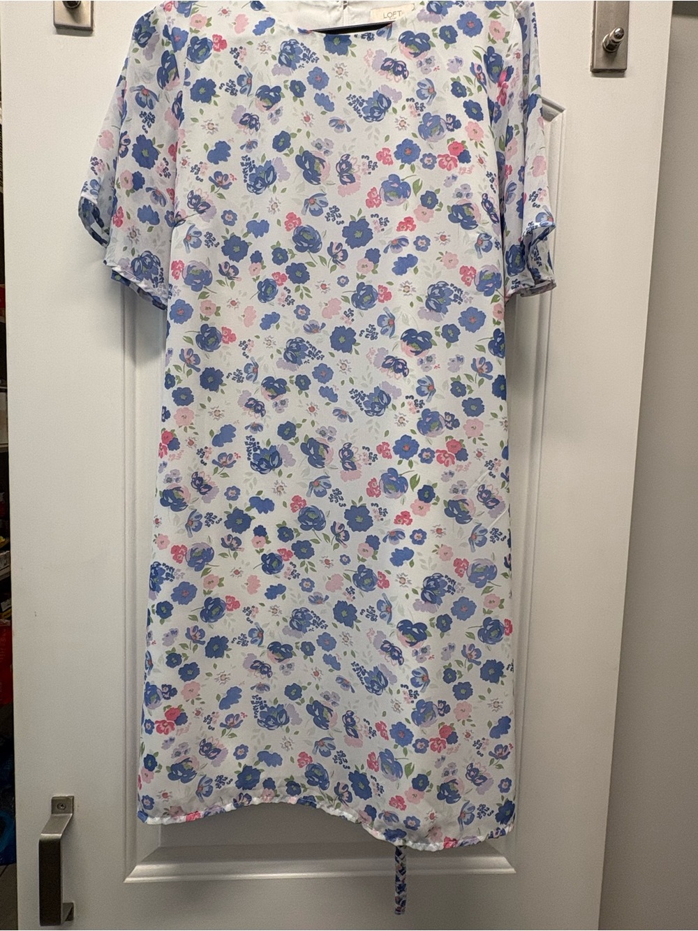 LOFT White Midi Dress with Blue & Pink Floral Print
